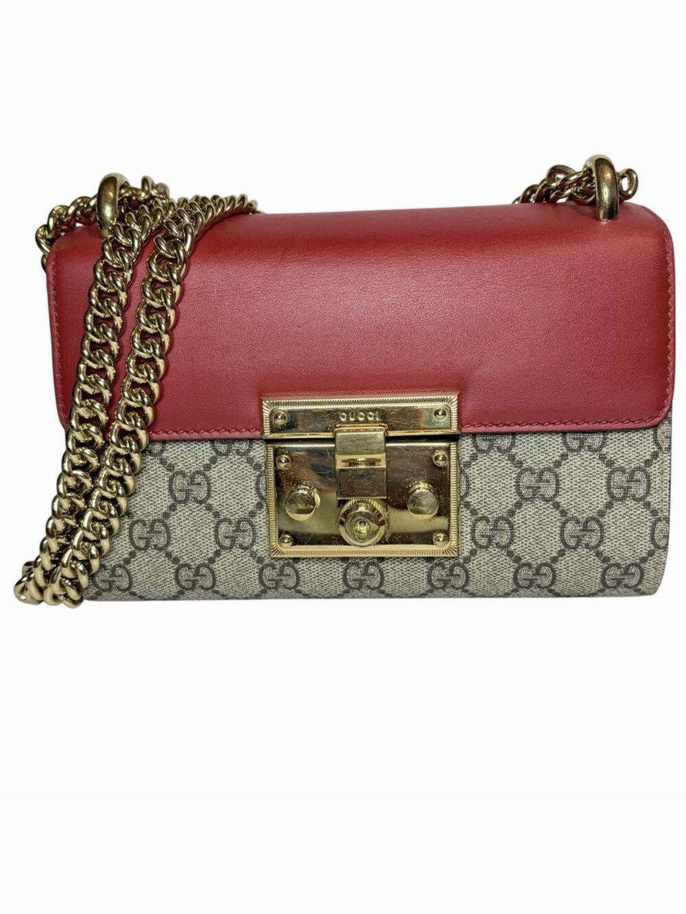 Gucci Padlock GG Supreme Shoulder Bag Red Pink Leather Trim Gold Chain w/ COA